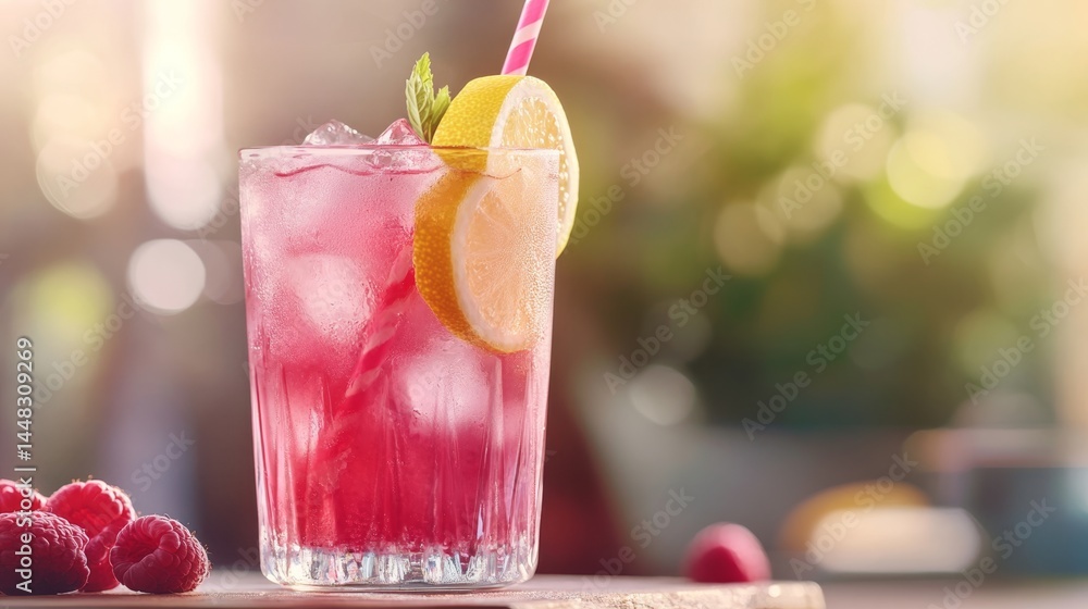 Summertime beverage with lemon and sparkling water. Fresh strawberries on the table.