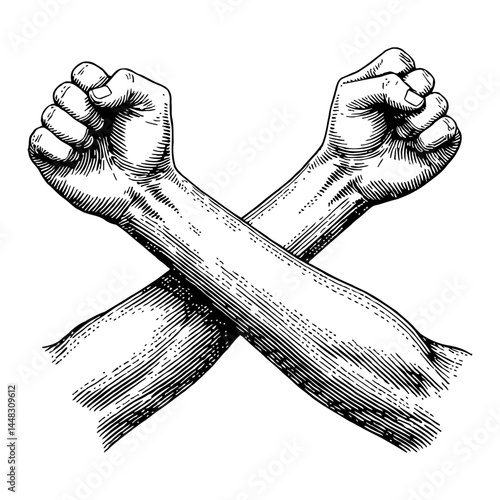 Crossed X Shaped Arms with Clenched Fists Black and White Outline Line Art Drawing Illustration Detail