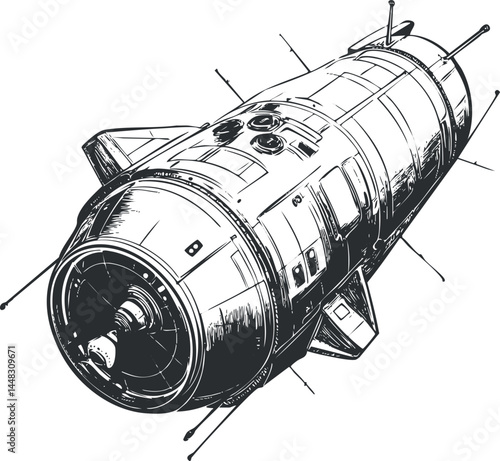 Black and white detailed illustration of a spacecraft or satellite used for space exploration and communication