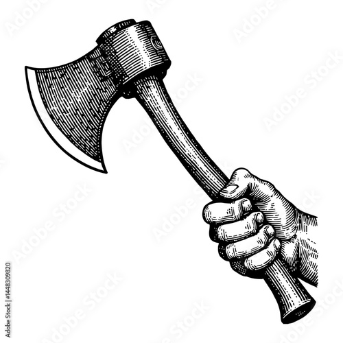 Human Hand Gripping Metal Axe with Wooden Handle Vintage Engraving Black and White Outline Line Art Drawing