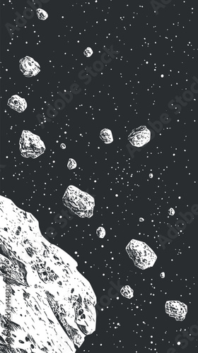 Black and white illustration of asteroids floating in outer space with a starry background
