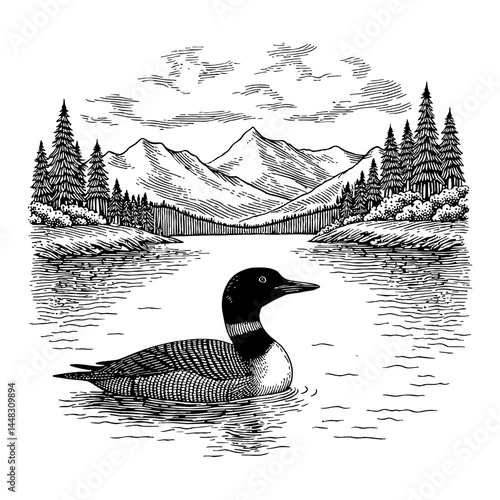Common Loon Bird Swimming on Calm Lake with Mountains Forest Black and White Outline Line Art Drawing