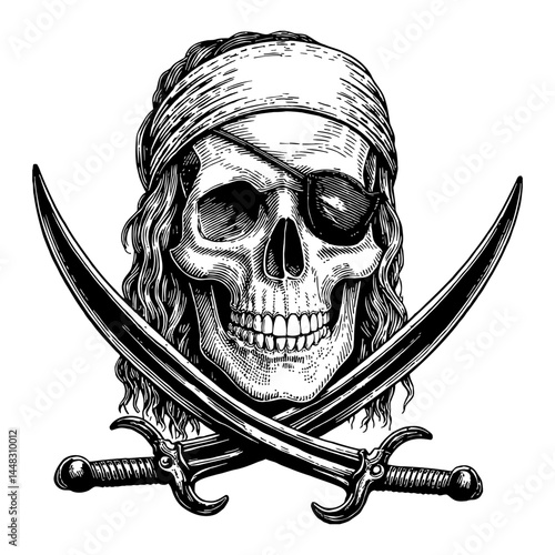Skull with Hair Bandana Eyepatch and Crossed Pirate Swords Black and White Outline Line Art Drawing