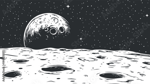 Black and white illustration of a cratered moon surface with a starry sky and a large cratered planet in background