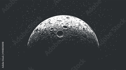 Black and white illustration of moon with craters and stars in the dark night sky space
