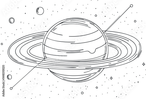 Black and white line drawing of a ringed planet with surrounding moons and stars in outer space.