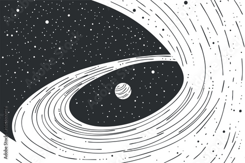 Black and white abstract illustration of a planet orbiting in space surrounded by stars and swirling cosmic patterns
