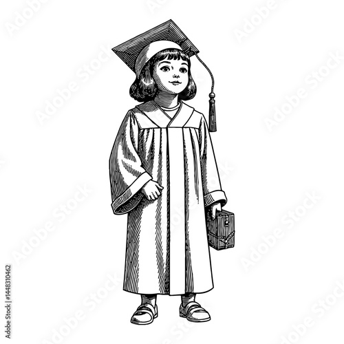 A Little Girl Wearing Graduation Robe and Hat and Holding a Box Black and White Outline Line Art Drawing