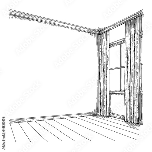 A White Room Interior Corner View with Window and Curtains Black and White Outline Line Art Drawing