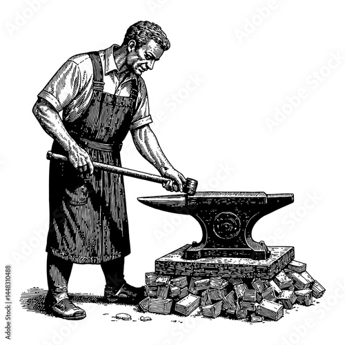 Detailed Retro Style Black and White Outline Line Art Drawing Blacksmith Hammering Metal on Anvil