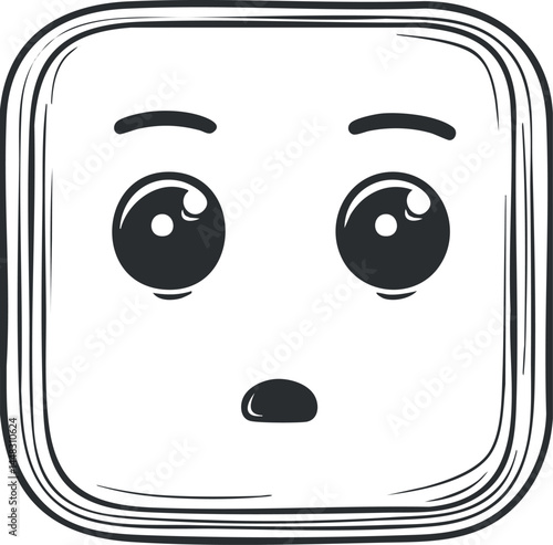 Cartoon square face with surprised expression, big eyes, and small mouth in black and white.