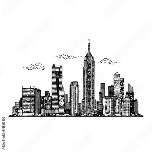 Modern City Skyline Urban Landscape Skyscrapers Black and White Outline Line Art Drawing Engraving Sketch