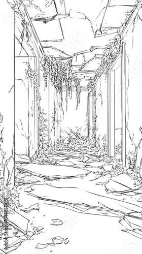 Line art of a ruined, abandoned hallway with cracked walls, broken ceiling, and overgrown plants
