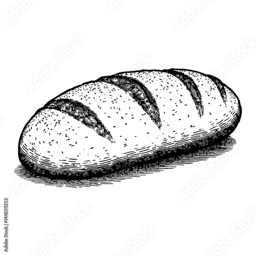 A single loaf of bread depicted in vintage Black and White Outline Line Art Drawing style