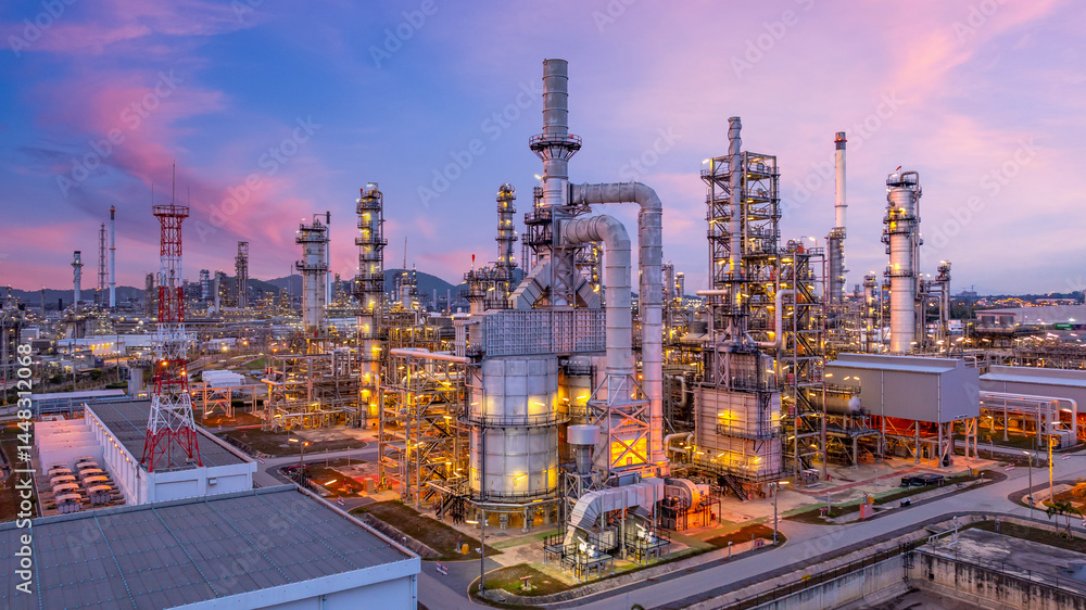 Aerial view oil and gas refinery plant at night, Global business energy logistic transportation, Oil and gas refinery petrochemical industrial, Petrochemical refinery industrial energy supply chain.