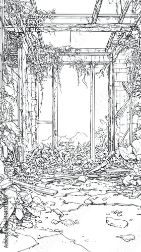 Black and white line art of an abandoned ruined structure with broken walls and overgrown plants