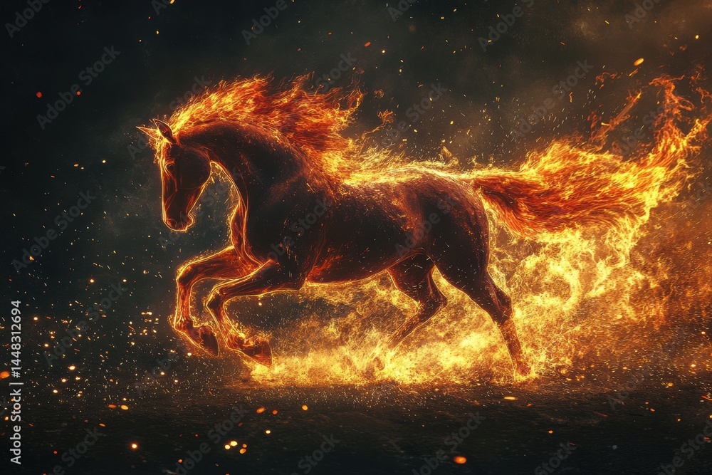 Obraz premium Fiery horse galloping through a field of sparks, embodying intensity with a golden ratio focus