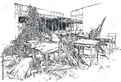 Black and white sketch of an abandoned space with broken tables, chairs and debris showing destruction and decay