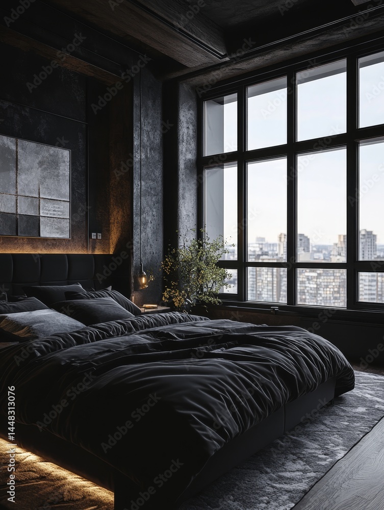Urban hotel room with large bed, offering luxurious comfort and view of city night skyline.