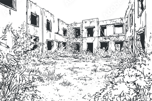 Black and white sketch of an abandoned building courtyard overgrown with plants and vegetation
