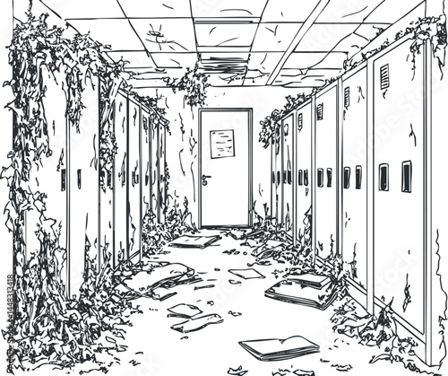 Abandoned school hallway with rows of lockers overgrown by vines and scattered books and papers on the floor.