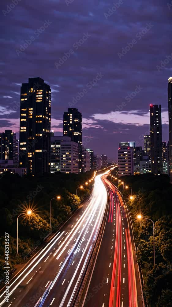 Timelapse of urban highway traffic flowing under vibrant evening skies with skyscraper backdrop Timelapse of urban highway traffic flowing under vibrant evening skies with skyscraper backdrop