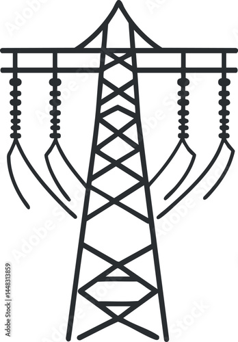Black and white line drawing of an electricity transmission tower with high voltage power lines and insulators