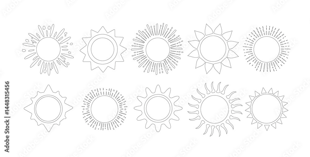 Set of 10 minimalist linear sun icons in outline style. Each sun has a unique geometric design with rays, spikes or dots radiating outward. Set of 10 minimalist linear sun icons in outline style. Each sun has a unique geometric design with rays, spikes or dots radiating outward.