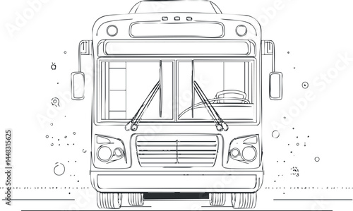 Front view of a public transportation bus showing windshield wipers, headlights, and side mirrors on the road.