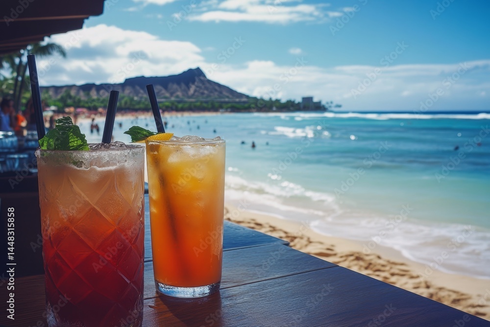 Two drinks on a table by the ocean. One is a red drink and the other is orange