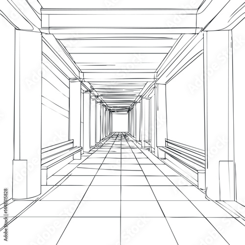 Black and white line art of a long corridor with columns and benches, showing architectural perspective and interior design.