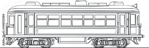 Side view outline drawing of a vintage railcar train with detailed windows and wheels