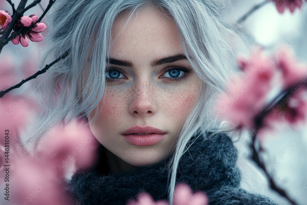Gorgeous caucasian young woman surrounded by cherry blossoms. Spring mood, morning rays and fog. Commercial digital ads concept. Spring-inspired woman in cherry blossoms.