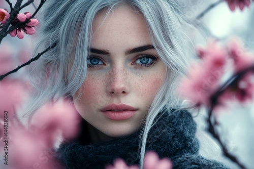 Obraz na płótnie Gorgeous caucasian young woman surrounded by cherry blossoms. Spring mood, morning rays and fog. Commercial digital ads concept. Spring-inspired woman in cherry blossoms. w salonie