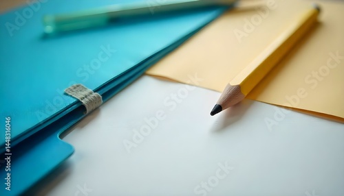 Wallpaper Mural panoramic shot of blue eraser, folder, yellow pen and pencil Torontodigital.ca