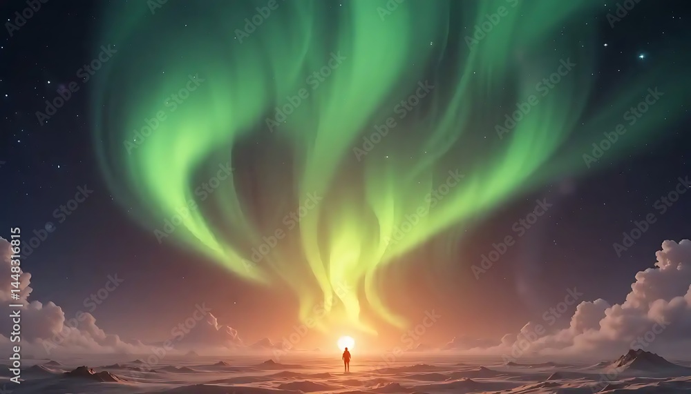 Obraz premium Contemplative silhouette under celestial illumination of the aurora borealis