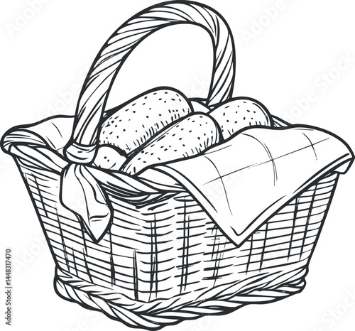 Basket filled with fresh loaves of bread and a cloth napkin, traditional wicker basket design.