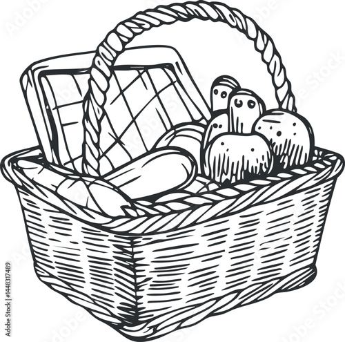 Black and white line art illustration of a wicker picnic basket filled with food items including bread, cheese, and mushrooms.