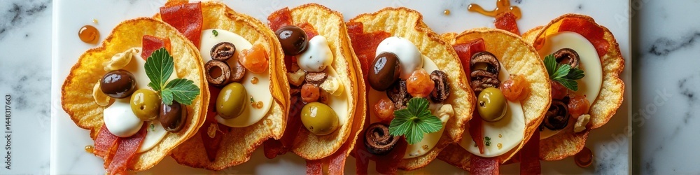 Gourmet tostadas with olives, cheese, and tomato on marble platter Gourmet tostadas with olives, cheese, and tomato on marble platter