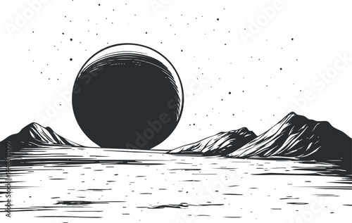 Black and white illustration of a large dark planet or moon rising above a mountainous alien landscape with starry sky.