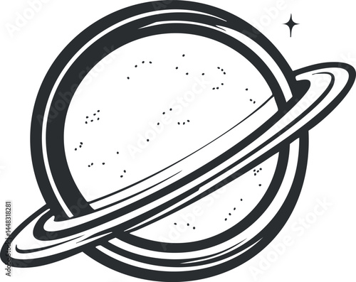 Black and white illustration of a ringed planet with a star in space representing astronomy and cosmos