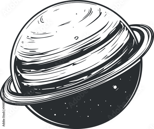 Black and white illustration of a planet with rings resembling Saturn in space with stars
