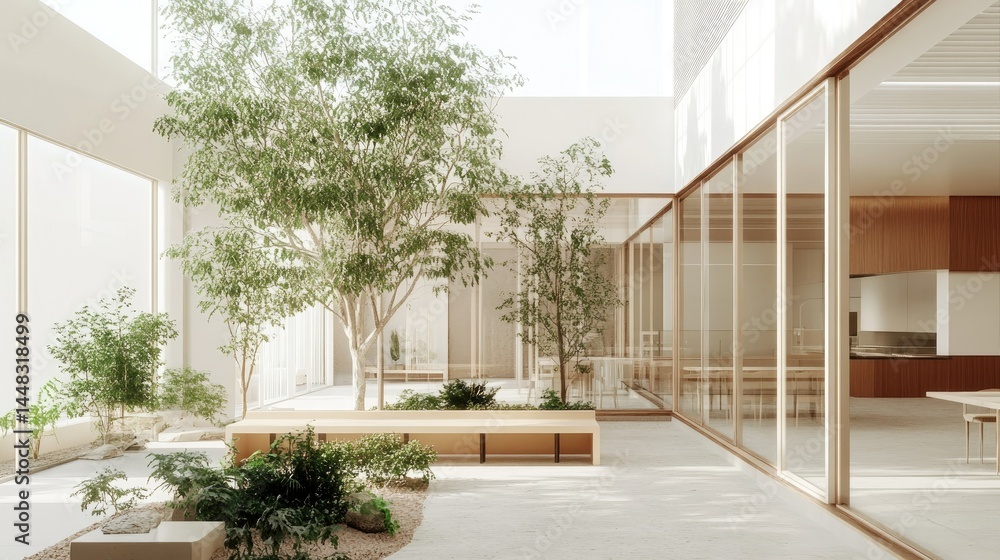 Minimalist cafe space with white tones, indoor greenery, brown wood details, and large glass windows letting in natural light Minimalist cafe space with white tones, indoor greenery, brown wood details, and large glass windows letting in natural light