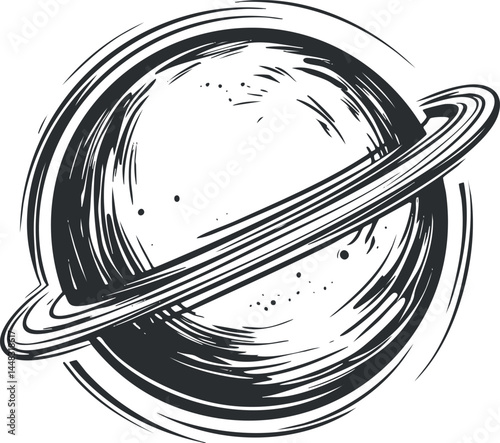 Black and white sketch illustration of a planet with a prominent ring system, resembling Saturn in space.