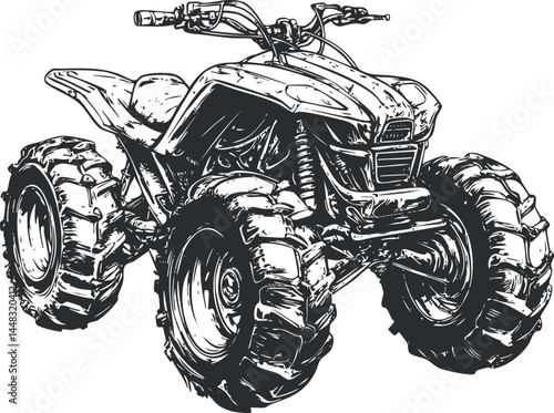 Black and white detailed illustration of an all terrain vehicle quad bike with large tires and handlebars