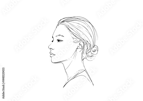 Woman in profile line art with elegant hairstyle on white background
