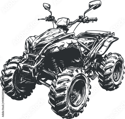 Black and white sketch illustration of an all terrain vehicle atv quad bike with large tires and handlebars
