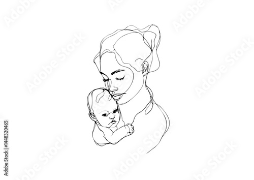 Mother holding baby in tender minimalist line art on white background