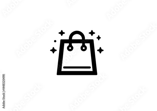 Shopping bag icon with sparkles in bold black line on white background