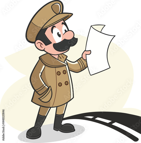 Cartoon Police Officer Holding Paper Near Tracks  Vector Illustration